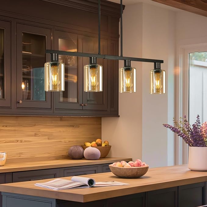 4-Light Kitchen Island Lighting, Black Dining Room Light Fixture with Adjustable Rods & Amber Glass Shades, Farmhouse Decor Black Metal Chandelier with Seeded Glass Shade, Island Lights for Kitchen