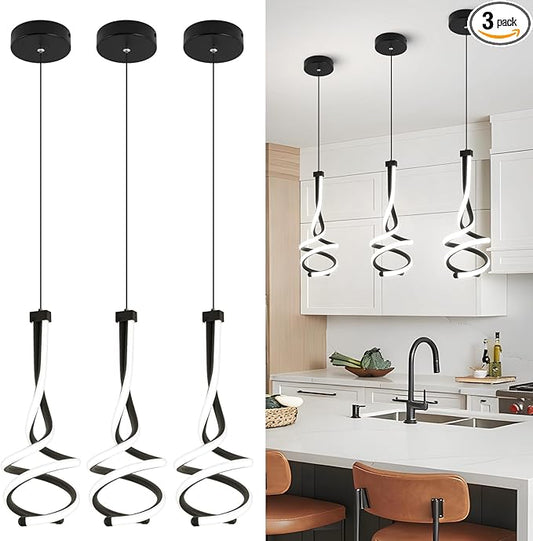 EIDISUNY Modern Pendant Light, Spiral LED Pendant Light Fixture, 4500K LED Hanging Lamp, Black Chandelier Lights Fixture, 20W Adjustable for Kitchen Island, Dining Room, Bedroom,3 Pack