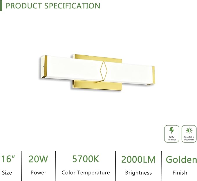 16 Inch Bathroom Vanity Light 2000LM, 5700K Daylight White Modern Bathroom Light Dimmable, AC 120V 20W Gold LED Vanity Lighting Fixtures Wall Sconce ETL Certified, 1Pack