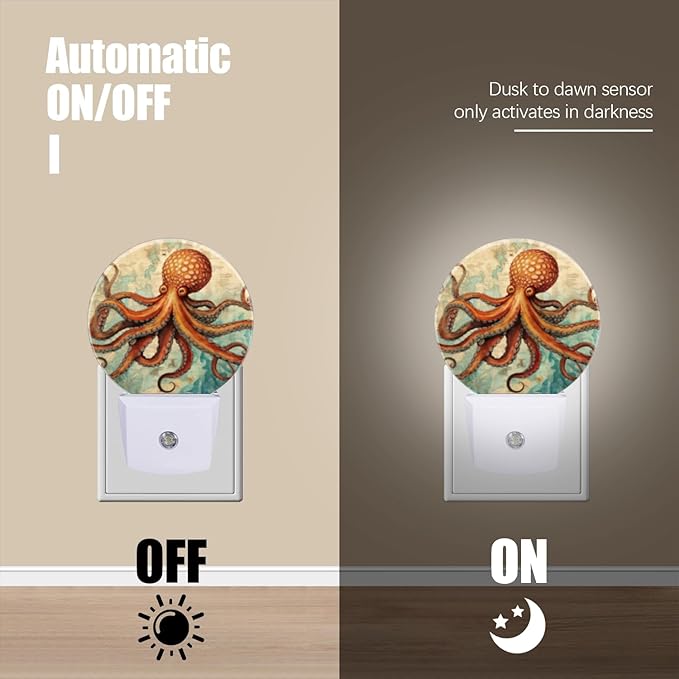Round LED Night Lights Lamp with Dusk to Dawn Sensor, Vintage-Style Illustration of Octopus Night Light Plug Into Wall for Kids Room, Bedroom, Bathroom, Kitchen, Hallway