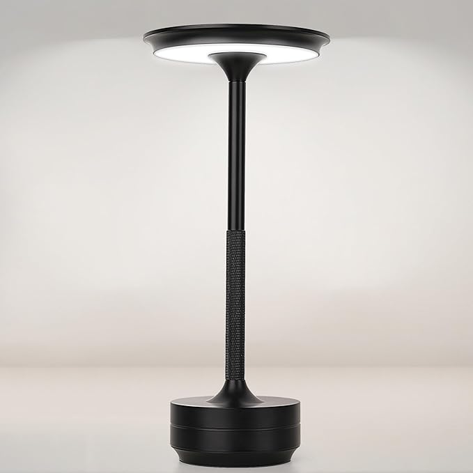 Cordless Table Lamp Rechargeable 5000mAh, 3-Color Stepless Dimming Touch Sensor, Portable LED Desk Light for Bedroom, Nightstand, Camping, Patio (1-Pack Black)