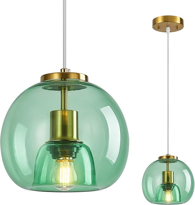 Light Green Glass Pendant Lights Kitchen Island Gold Hanging Light Fixture Glass Globe Pendant Light Modern Pendant Lighting for Kitchen Island Bedroom Dining Room (7.87", 1 Pack)