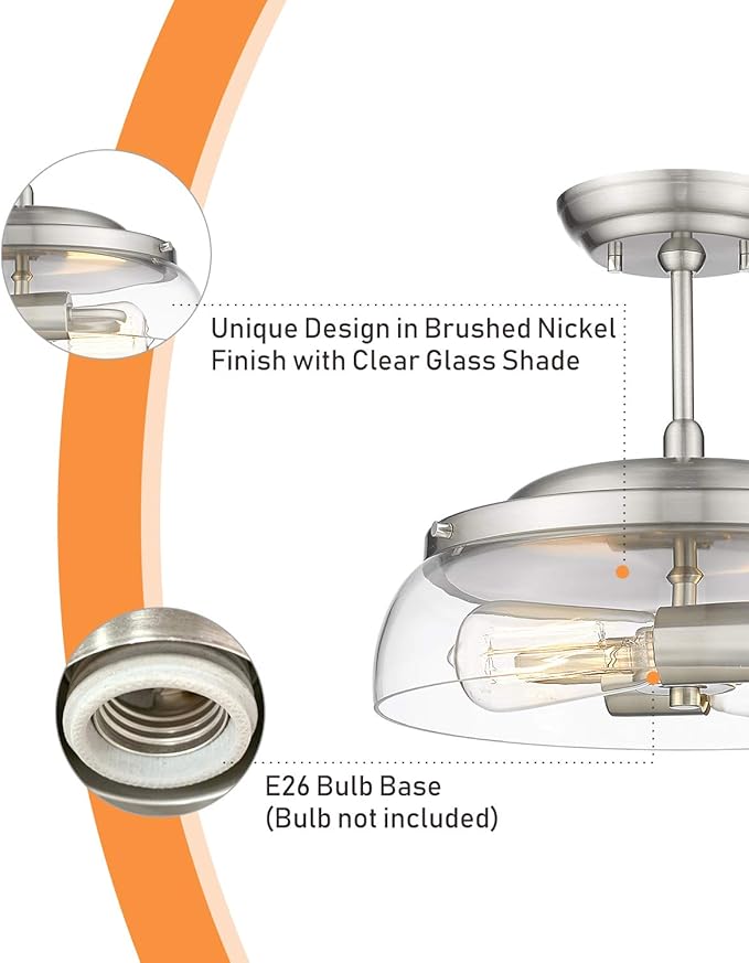 EAPUDUN Semi Flush Mount Ceiling Light, 2-Light Modern Light Fixture with Clear Glass Shade, Brushed Nickel Finish for Hallway Corridor Kitchen Bathroom Bedroom Passway, SMA1124-BNK