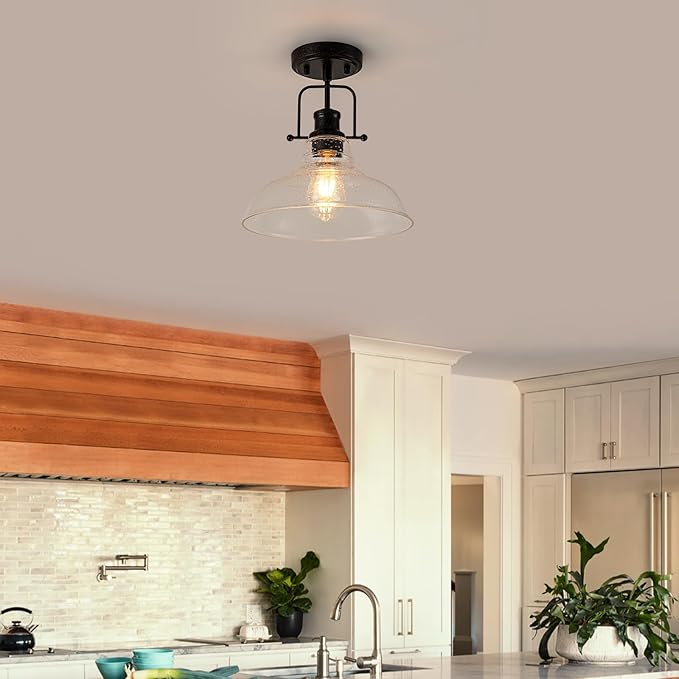 WILON Rustic Farmhouse Ceiling Light, Seeded Glass Ceiling Light, Rust Semi Flush Mount Ceiling Lights, Kitchen Lighting Fixtures Ceiling Lamp for Sink Foyer Entryway Bathroom Laundry Room Hallway