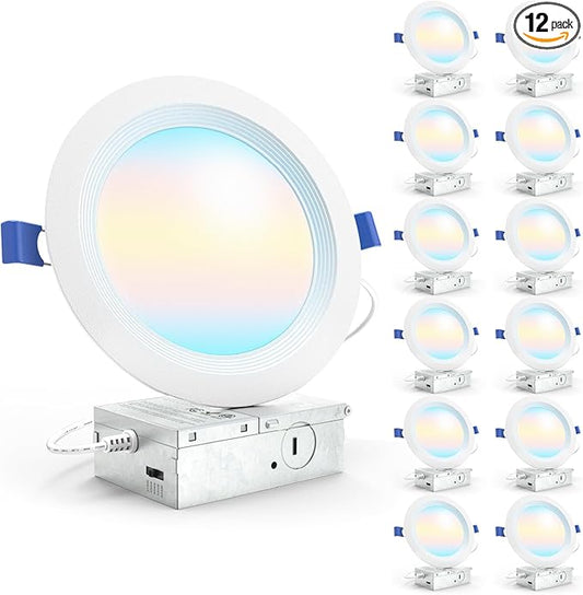 Sunco 12 Pack 6 Inch LED Recessed Light, Ceiling Canless Recessed Lights, Baffle Trim, 1200 LM, 14W, Selectable CCT 2700K/3000K/4000K/5000K/6000K, Dimmable with Junction Box
