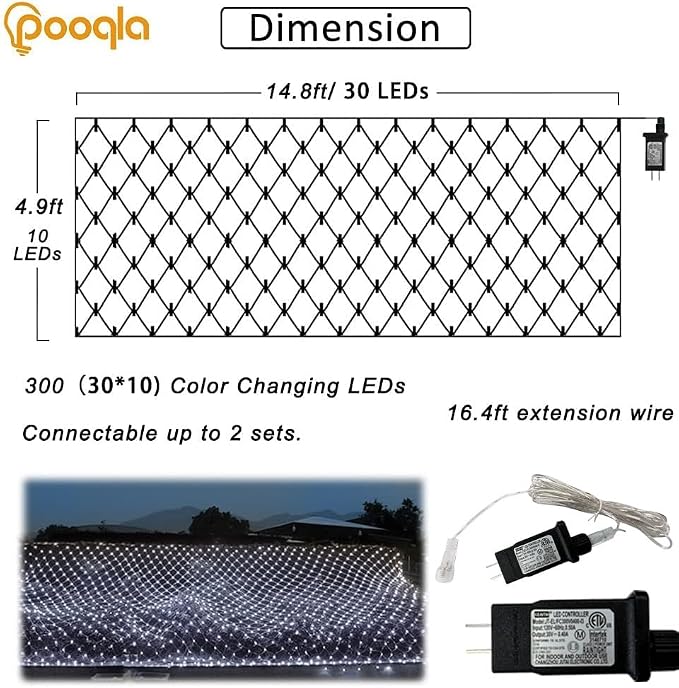 White Net Lights Outdoor, 300 LED Christmas Net Mesh Lights for Bushes 14.8x4.9 ft, 8 Modes Waterproof Twinkle String Light Connectable for Christmas Hedge Yard Garden Party Decor