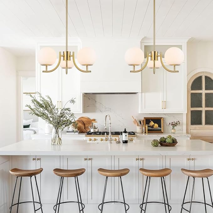 Gold Sputnik Chandelier 3 Light Milk Glass Globe Hanging Light Modern Pendant Light Fixture for High Ceiling Kitchen Bedroom Dining Living Room