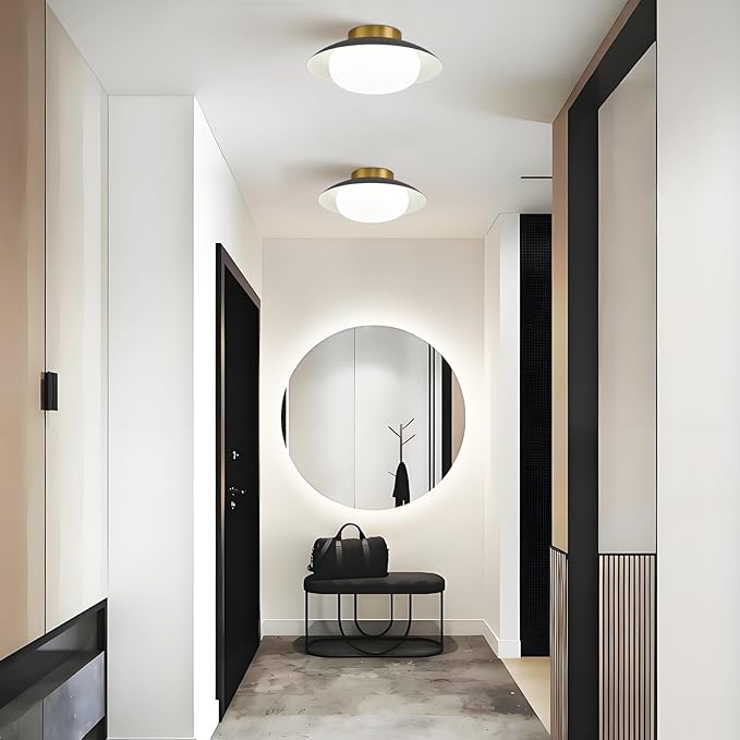 Modern LED Semi Flush Mount Ceiling Light Fixture,Energy Saving 24W Non Dimmable,Black and Gold,Easy to Install,for Hallway Bedroom Kitchen Bathroom Closet Entryway Laundry Room,5000K(11.81")