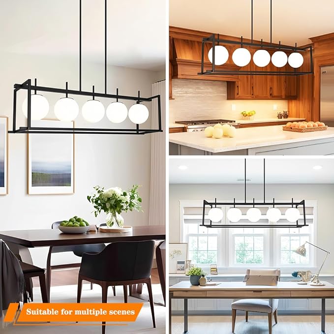 DSMJFU Black Farmhouse Rectangular Chandelier for Dining Room, 5-Light Linear Pendant Lighting, Rectangular Kitchen Island Light with Milky White Glass Ball Shades, Adjustable Height Hanging Lighting