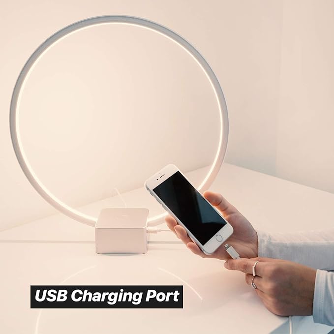 Brightech Circle LED Nightstand Lamp with USB Port – Compact Bed Stand Lamp for Bedroom, Living Room - Modern Asian Table & Desk Lamp on Side & End Tables - Titanium Sliver