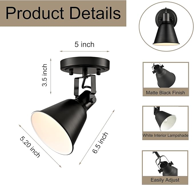 DIRYZON EUL 1-Light Adjustable Industrial Ceiling Spot Light with Adjustable Head, Matte Black Semi Flush Mount Fixture for Indoor Bedroom, Hallway, Kitchen Lighting