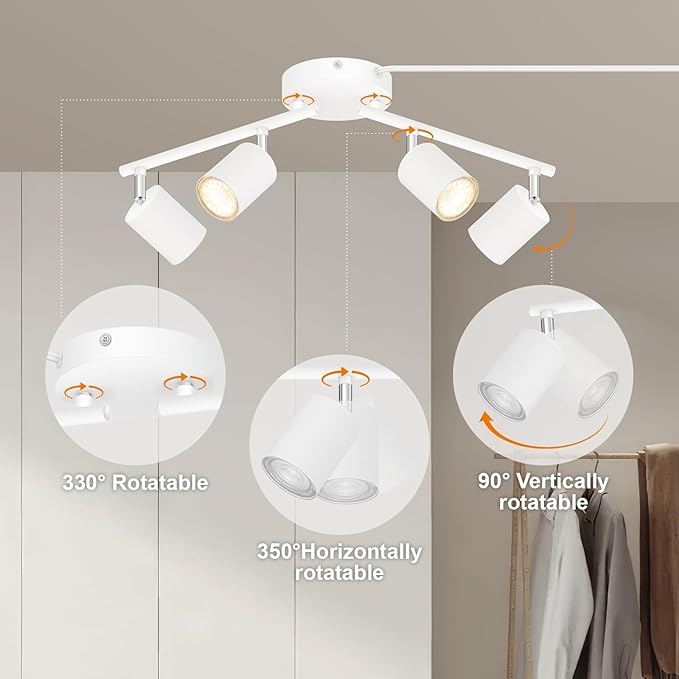 Track Lighting Plug in, LED Track Lighting Fixtures Ceiling Kit, White 4-Light Ceiling Light Plug-in, Wall Light with 14.8ft Power Cord, Rotatable Kitchen Spotlight for Bedroom(GU10 Socket, NO Bulb)