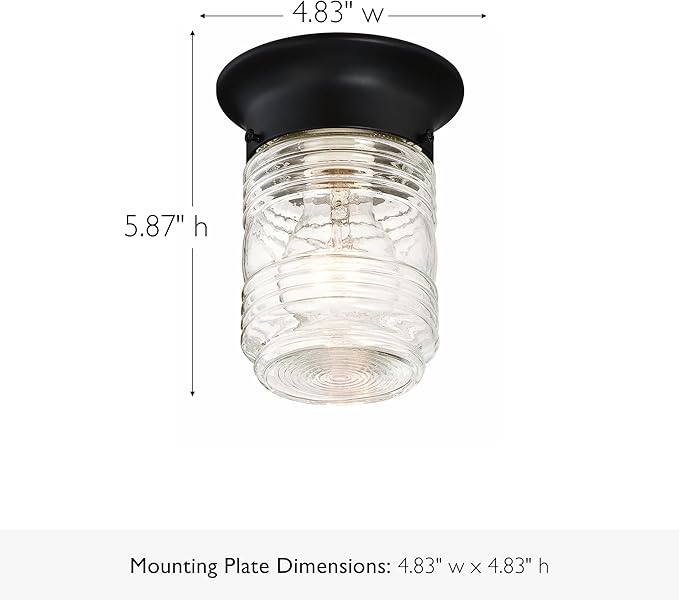 Design House Outdoor Ceiling Light, Jelly Jar Shape, Clear Ribbed Glass, Wet Rated, LED-Compatible, For Porches/Patios/Garages, Black, 4.8 in W x 5.9 in H, 587220