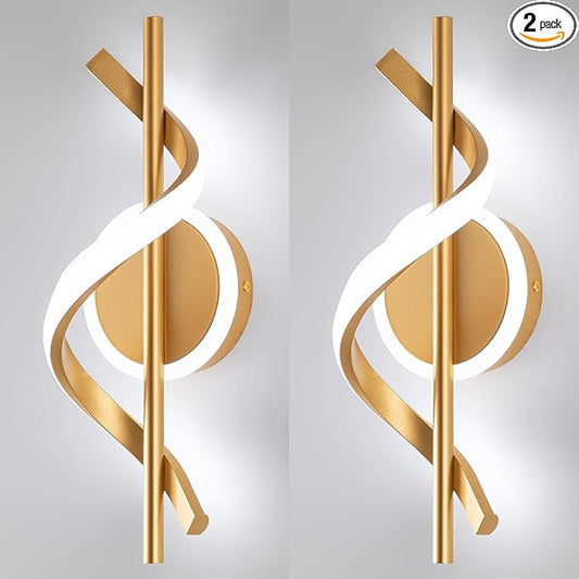 EIDISUNY 2 Pack LED Wall Sconces Indoor, 12W LED Wall Mount Lights, Modern Spiral Wall Lamp, 6000K Cold Light Fixture for Stairs, Living Room, Bedroom, Aisle, Hallway (Cold White, Gold)
