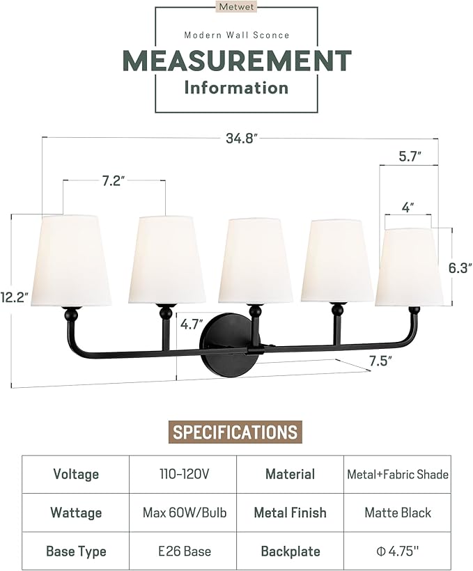 Bathroom Light Fixtures, 5 Light Matte Black Vanity Lights with Flared White Fabric Shade, 35 Inch Wall Sconce, Modern Sconces Wall Lighting for Hallway Bedroom, VL837-MB-5