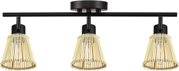 Globe Electric 3-Light Track Lighting Kit, Matte Black, Bamboo Shades, 3 Bulb Kitchen Light, E12 Socket