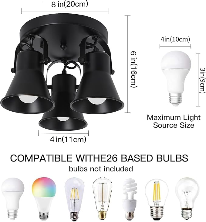 SEEBLEN 3-Light Industrial Track Lighting, Adjustable Round Kitchen Ceiling Light, Morden Black Flush Mount Directional Light for Kitchen, Hallway, Dining Room, Bathroom, Coffee Bar.