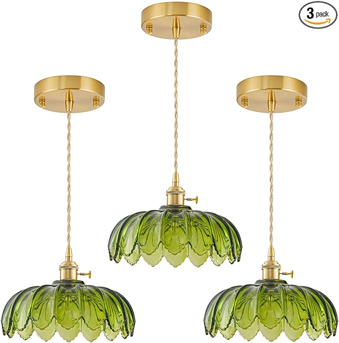 3 Pack Glass Pendant Lights Kitchen Island, Vintage Brass Pendant Light Fixtures, Adjustable Green Kitchen Pendant Lighting Over Island for Bedroom Living Room Hallway Dining Room