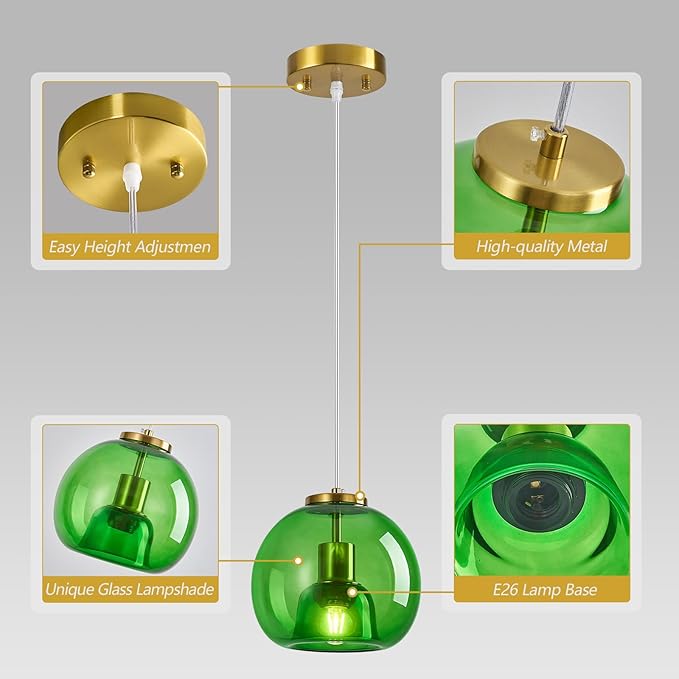 Green Glass Pendant Lights Kitchen Island Gold Hanging Light Fixture Glass Globe Pendant Light Modern Pendant Lighting for Kitchen Island Bedroom Dining Room (7.87", 1 Pack)