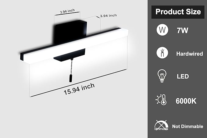 COTULIN 16 Inch Black Vanity Light Bar with Pull Switch 10W Brightness Ideal for Cabinet Lighting Picture Light and Sink Light for Kitchen and Bathroom Applications Modern Design Efficient Lighting