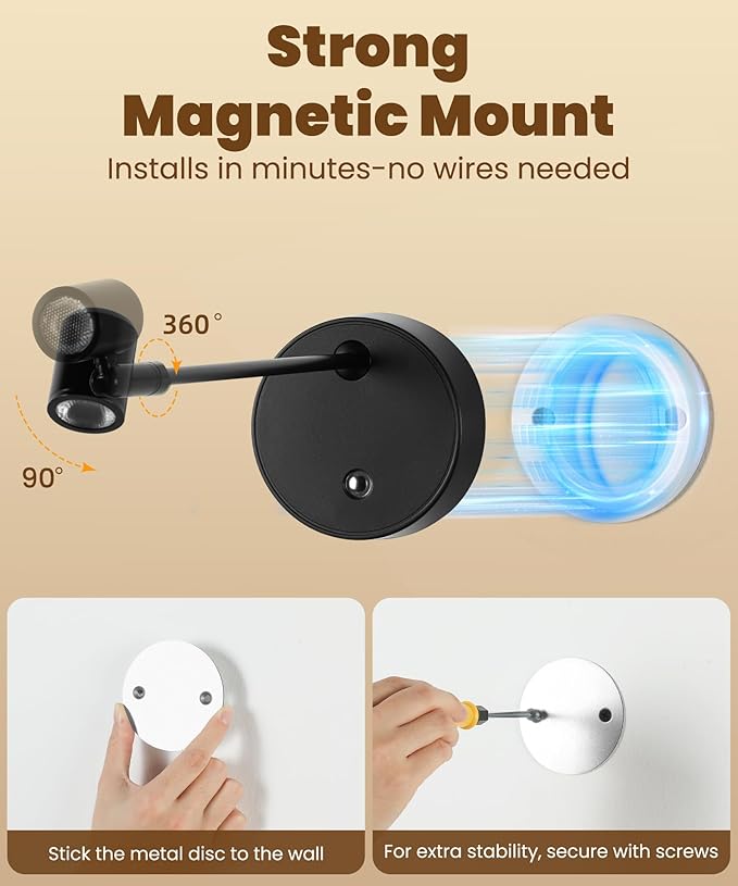 Magnetic Picture Light for Wall,Battery Operated 3 Color LED Art Lighting for Paintings, Wireless Rechargeable Dimmable Poster Lights,Remote Control Gallery Light with Timer, Black (2 Pack)