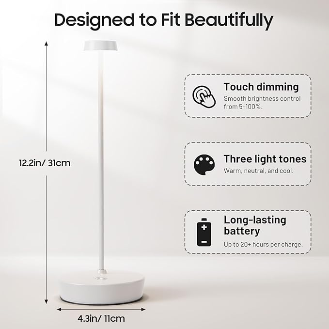 2Pack Cordless LED Table Lamp，Rechargeable Battery Desk Lamps, 3 Color Stepless Dimmable Metal Battery Table Lamps, Portable Table Light