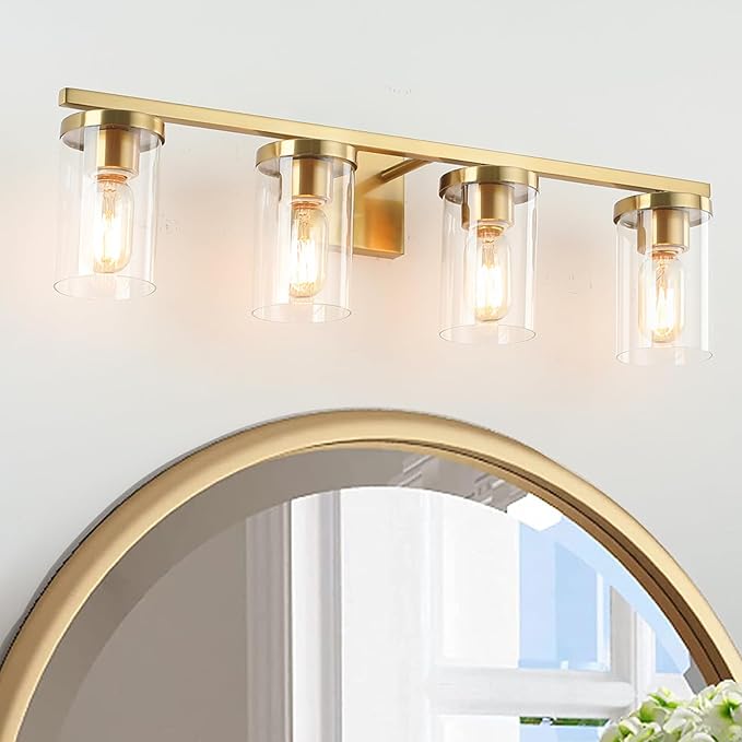 27in Bathroom Light Fixture Over Mirror, 4-Light Gold Vanity Lights with Clear Glass Shades, Modern Wall Sconces for Living Room, Bedroom, Hallway, E26 Base