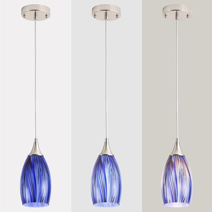 GLADFRESIT Deep-Sea Blue Glass Pendant Lights – Set of 3, Handcrafted Hanging Lights for Kitchen Island, Dining Room, or Entryway – Adjustable Nylon Cord & Ceramic Socket – E26 Base (Bulbs Excluded)