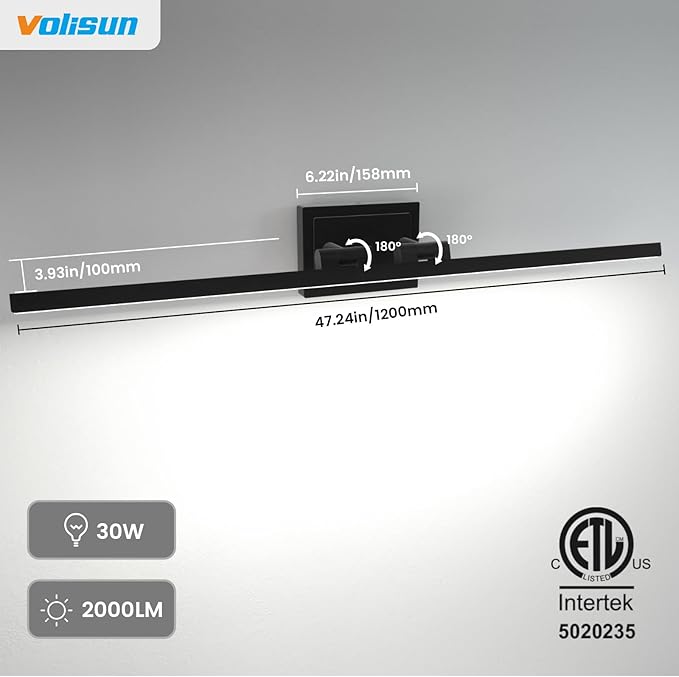 VOLISUN Modern Bathroom Vanity Light 48 inch, Rotatable, 30W Dimmable 5CCT Led Bathroom Light Fixture Over Mirror, Black Bar Vanity Light for Bathroom Mirror Cabinets-ETL Certificated
