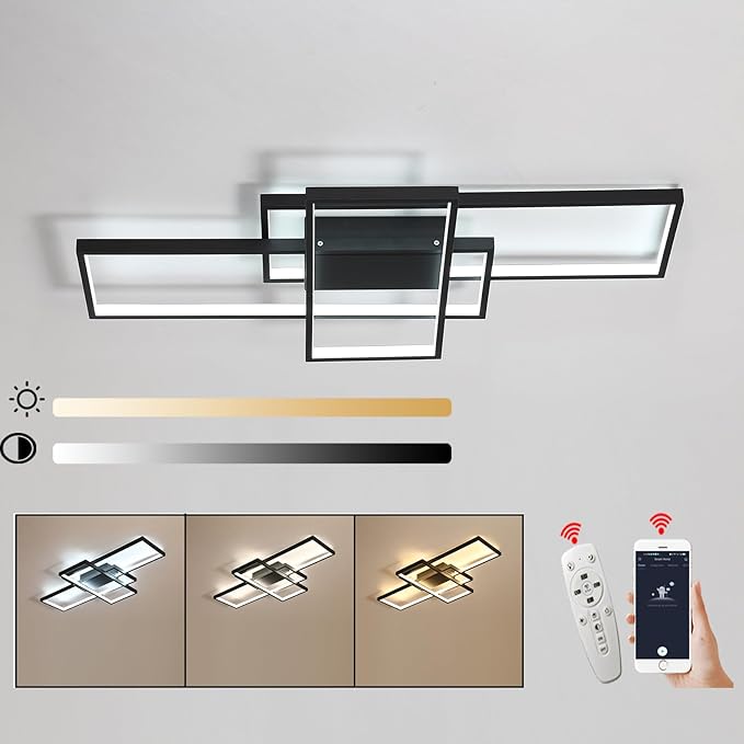 Dimmable with Remote Control LED Ceiling Light 3000K-7000K Flush Mount Luminaire Black Finished Chandelier for Living Room Dining Room Bedroom Kitchen (Black-VL17025-B-S)
