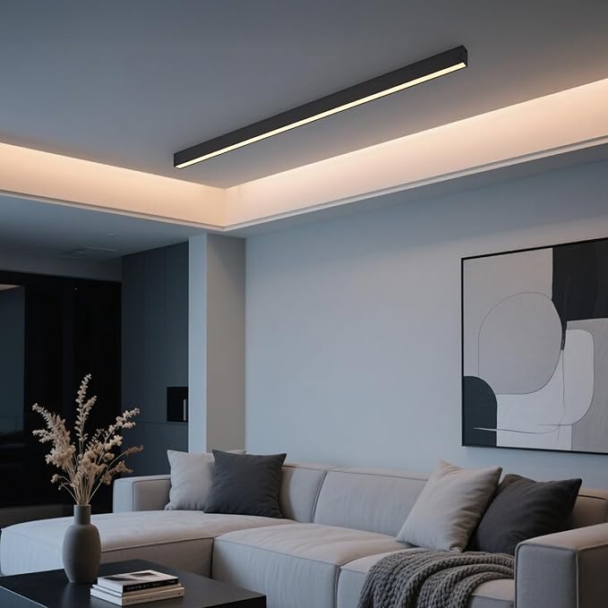 Black ceiling light LED, modern and simple, long strip ceiling surface installation, suitable for living room, bedroom, corridor and kitchen, remote control to switch color and brightness, 47.2inches