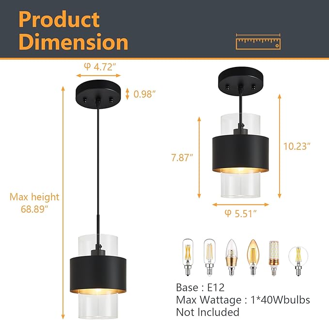 Modern Black Pendant Lighting Indoor Kitchen Island Pendant Light Glass Shade Ceiling Light Fixtures for Bedroom Dining Room Living Room(3-Pack)
