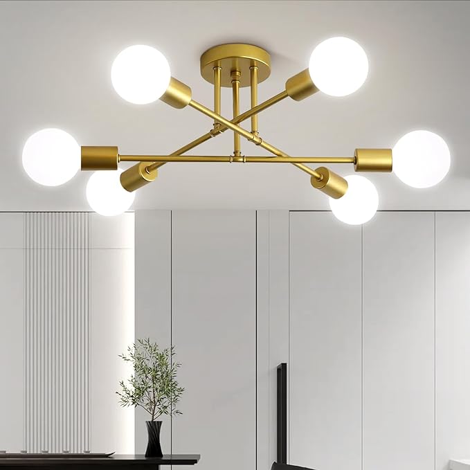 Ceiling Light Fixture, 6-Light Ceiling Light Chandelier, Modern Dinning Room Light Fixture, Sputnik Gold Light Fixtures Ceiling Mount, Semi Flush Mount Ceiling Light Fixtures for Living Room