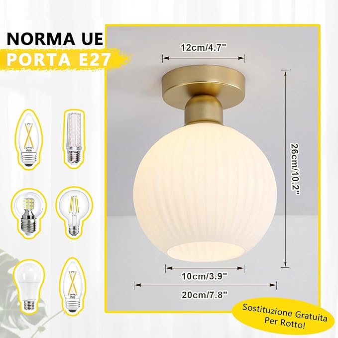 KCO Lighting Small Antique Brass Flush Mount Ceiling Light White Ribbed Glass Ceiling Fixture Mid Century Modern Semi Flush Mount Milk Glass Globe Light