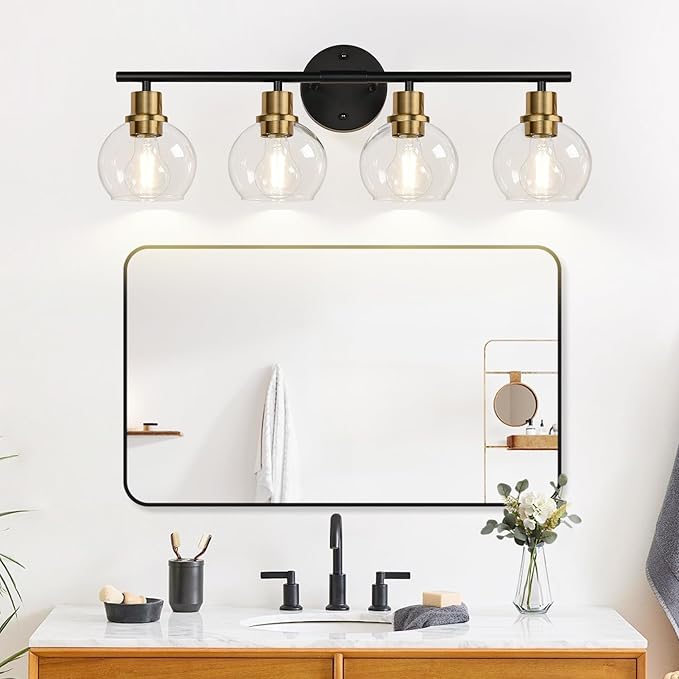 Indoi 4-Light Bathroom Light Fixtures, Black and Gold Bathroom Lights Over Mirror with Clear Glass Globe Shade, Vanity Lights for Bathroom Kitchen Living Room Hallway Cabinet Bedroom Porch