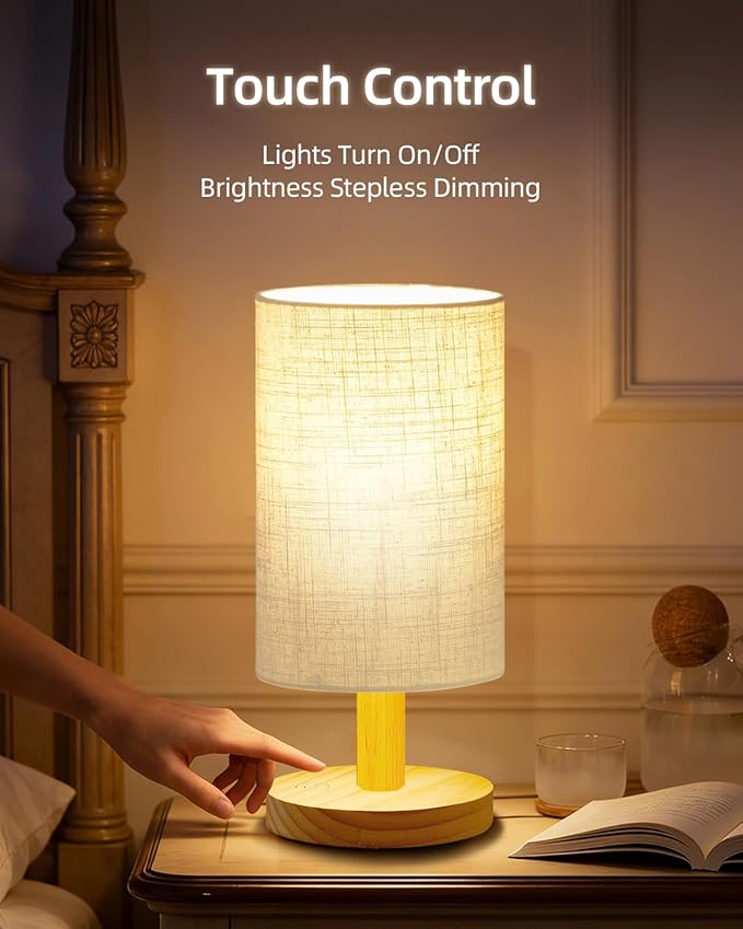 Small Touch Table Lamp for Bedroom, Bedside Lamp for Warm Light LED Desk Lamp, Wood Base Round Flaxen Fabric Shade for Kids Room, Living Room, College Dorm, Home, Office
