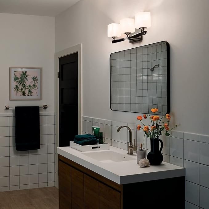 Kichler Marette 22.75" Vanity Light in Black, 3-Light Modern Bathroom Light with Satin Etched Cased Opal Glass, (22.75" W x 8" H), 55002BK