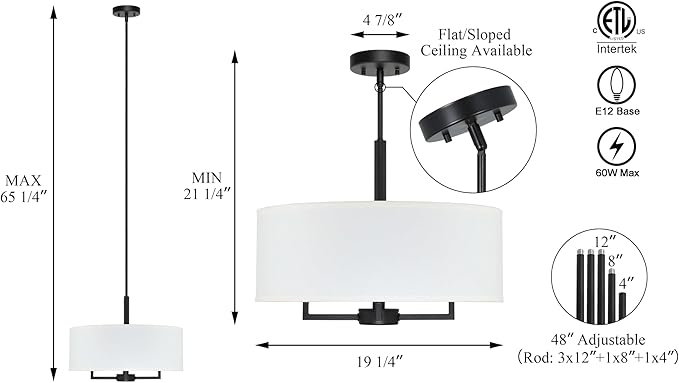 XiNBEi Lighting Drum Chandelier, Farmhouse 4 Light Pendant Light with White Fabric Shade Black Pendant Lighting Fixture for Kitchen Island Living Room XB-P1296-MB