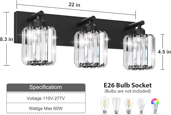 Black Crystal Bathroom Vanity Light, 3-Light Modern Bathroom Lighting Fixtures Over Mirror, Matte Black Wall Sconce Light Fixtures with Round Shade