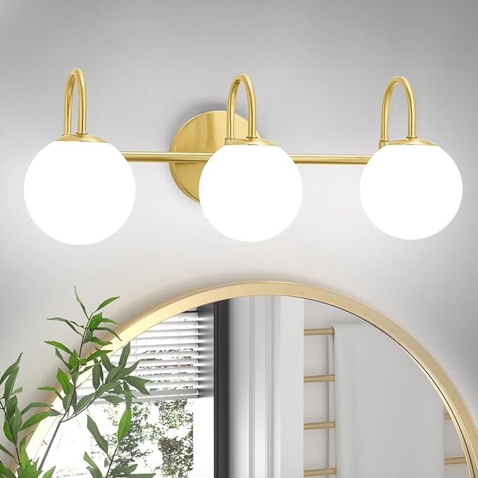 Gold Light Fixtures, 3-Light Over Mirror, Mid Century Modern Bathroom Vanity Lights Wall Sconces With Globe Frosted Milk Glass