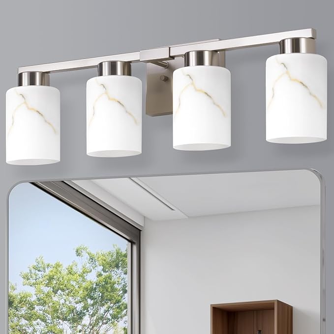 4-Light Bathroom Light Fixtures, Modern Vanity Lights, Brushed Nickel Metal Wall Lamp with White Marble Glass for Bathroom, Mirror, Living Room, Bedroom, Cabinet, Porch, Hallway, E26 Base