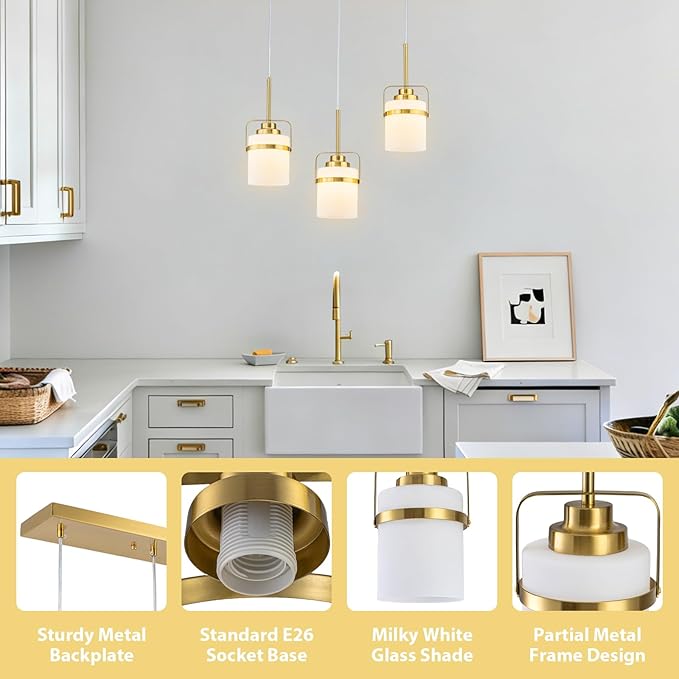 Brass 3-Light Pendant Lighting, Adjustable Hanging Light Fixture with Milk Glass Shade, Modern Pendant Light for Kitchen Island Dining Room Bar Over Sink/Table/Counter