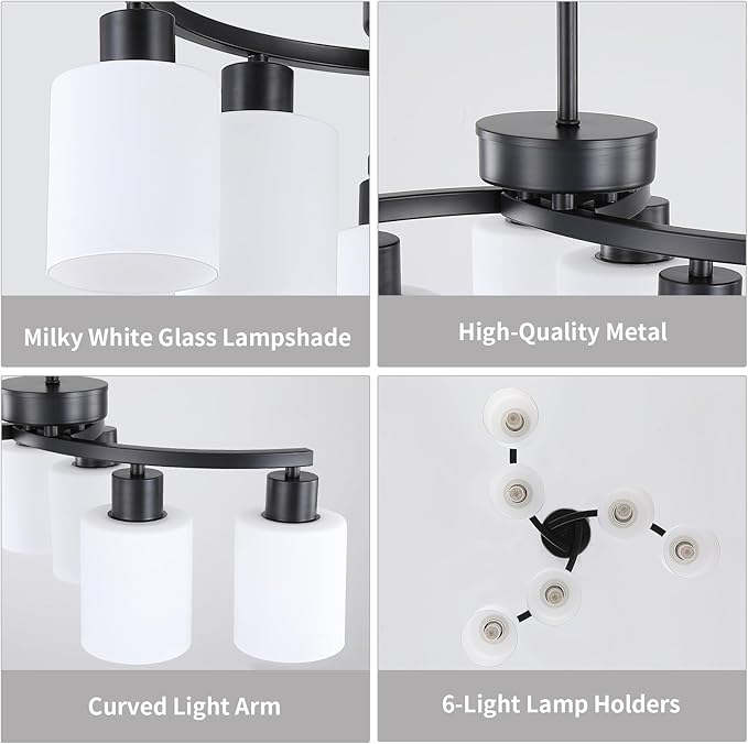6-Light Modern Farmhouse Black Chandelier,22 inch Dining Room Light Fixture,Contemporary Glass Chandelier Adjustable Height Hanging Pendant Lights Kitchen Island,Glass Shade