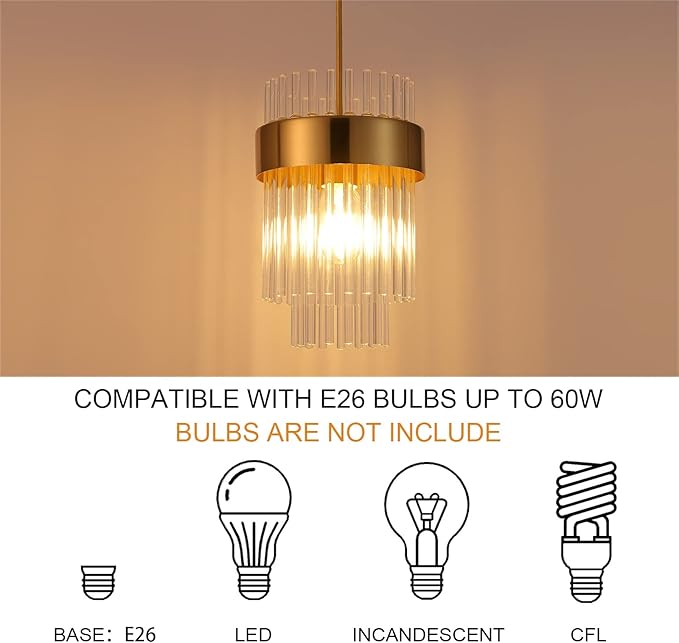 Gold Pendant Lights Kitchen Island,1-Light Crystal Pendant Light Fixtures Over Island,Modern Brass Mini chandelier For Dining Room, Adjustable Cord Hanging Lights For Bedroom,Bar,Sink,Entryway