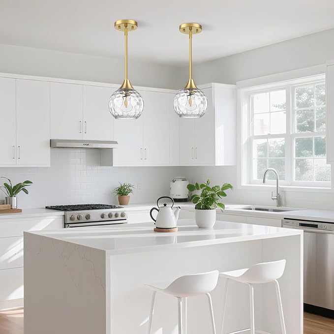 Pendant Lights Kitchen Island 2 Pack,Adjustable-Height Pendant Light Fixtures with Detachable Rod,Island Lights for Kitchen with Hammered Glass Shade,E26 Base Kitchen Pendant Lighting Over Island/Bar