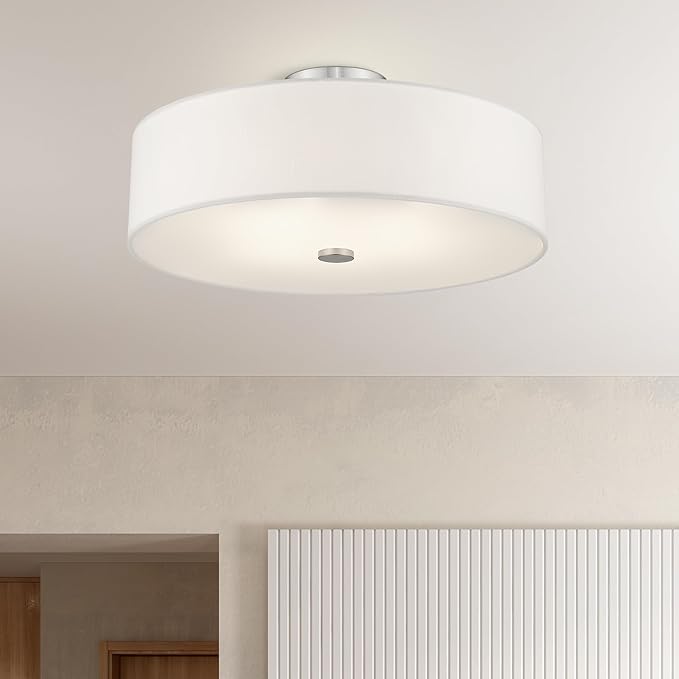Livex Lighting 51055-91 Meridian Collection 4-Light Semi Flush Mount Ceiling Fixture with Off-White Fabric Hardback Drum Shade, Brushed Nickel