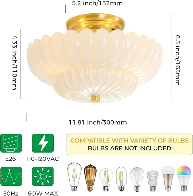 Semi Flush Mount Ceiling Light Fixture Vinatge Gold Ceiling Lights Mid Century Modern Milk White Glass Close to Ceiling Lighting Fixtures for Bedroom Hallway Foyer Bathroom Kitchen Laundry Room