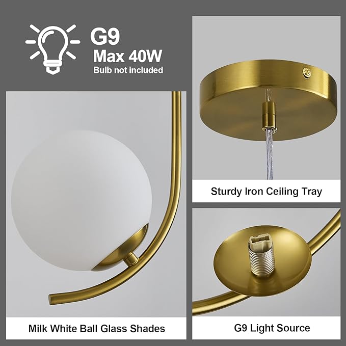 Modern Pendant Light Fixture Gold Globe Pendant Lights Kitchen Island White Frosted Milk Glass Sputnik Chandelier Vintage for Kitchen, Office, Entryway (2-Light)