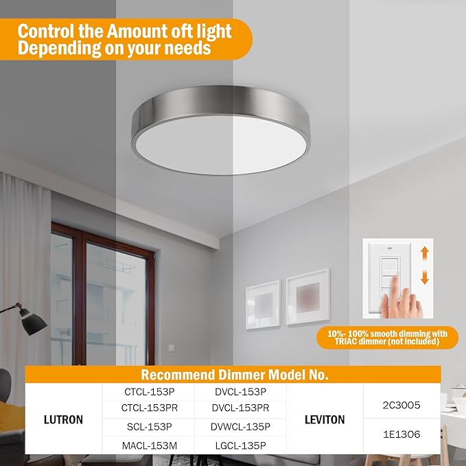 13inch Round Bathroom Ceiling Lighting Fixture, Overhead Polished Brushed Nickel Bedroom Ceiling Lights, Low Profile Led Chrome Flush Mount Light, 26W, 3000K, ETL Listed