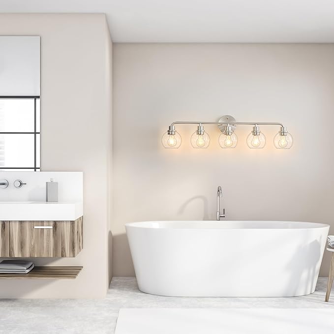 Bathroom Light Fixtures 5 Light Brushed Nickel Vanity Light Silver Modern Wall Sconces Lighting Bathroom Lights with Globe Glass Shade Bath Wall Lights for Mirror Kitchen Living Room Hallway 34.5"